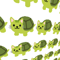 a pattern of green turtles and cats with a white background