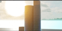 a screenshot of a video game shows two silos with the sun shining on them