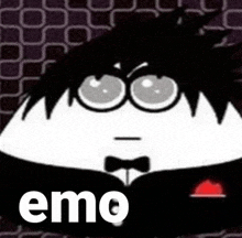 a cartoon character is wearing a tuxedo and bow tie and the word emo is on the bottom of the picture .