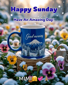 a happy sunday have an amazing day greeting card with flowers and a coffee mug