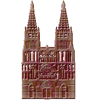 a drawing of a cathedral with two towers and a door