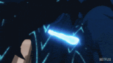 a blue light is coming out of a person 's chest and the word netflix is on the bottom