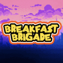 a logo for breakfast brigade with a pixel art background