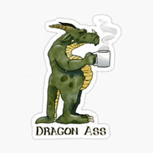 a sticker of a dragon holding a cup of coffee