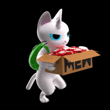 a white cat is holding a box that says mew