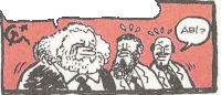 a cartoon of three men with beards talking to each other with a speech bubble that says abi .