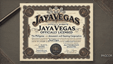 a certificate that says jaya vegas officially licensed on it