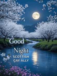 a picture of a river and trees with the words good night scottish gay ally below it