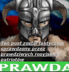 a cartoon of a man wearing a helmet with horns and the words " pravda " below him