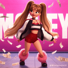 a cartoon girl is standing in front of a wall with money falling around her