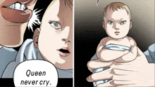 a cartoon of a woman holding a baby with the words queen never cry on the bottom