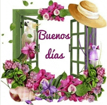 a picture of flowers and a hat with the words buenos dias