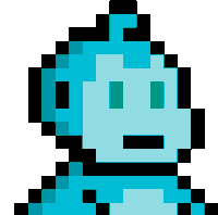 a pixel art drawing of a blue ghost with a sad face .