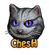 a cheshire cat with purple eyes and the word chesh below it