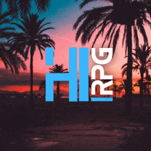 a sunset with palm trees and the word rpg on the bottom