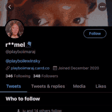 a screenshot of a person 's twitter account with a follow button at the bottom