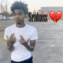 a man in a white shirt with the word seabass on the bottom