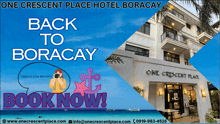 an advertisement for one crescent place hotel boracay