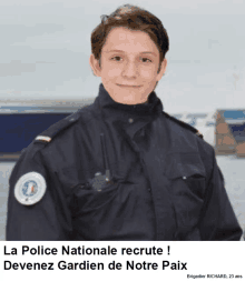 a young man in a police uniform with the words la police nationale recrute devenez gardien de notre paix