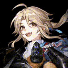 a close up of a girl holding a gun in her hand .