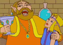 a cartoon of a man with a beard holding a cup next to a woman