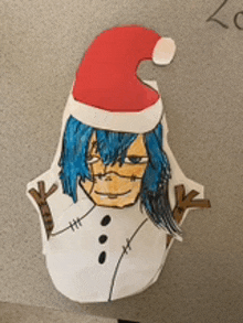 a drawing of a snowman with blue hair and a santa hat