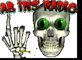 a skull with green eyes and the words ab ins radio written above it