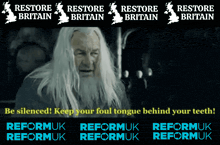 a poster for restore britain shows a man with long hair