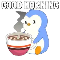 a penguin holding a cup of coffee with the words good morning written above it