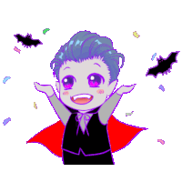 a cartoon drawing of a vampire with purple eyes