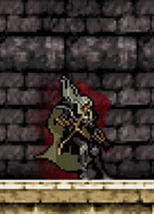 a pixel art of a knight holding a sword and a shield in front of a brick wall .