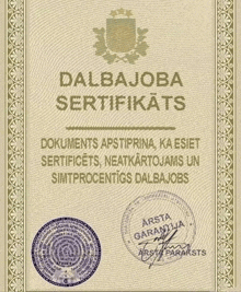 a certificate that says ' dalbajoba sertifikats ' on the top