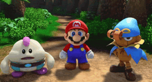 three cartoon characters are standing next to each other and one of them has the letter m on his hat