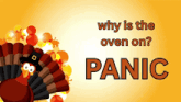 a poster with a turkey and the words " why is the oven on panic " on it