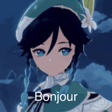 a cartoon character with the word bonjour on the bottom right