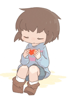 a drawing of a girl holding a red heart in her hands