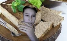 a person is holding a piece of bread in front of a piece of bread .