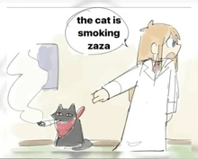 a drawing of a cat smoking a cigarette and a woman saying " the cat is smoking zaza "