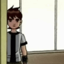 a cartoon character is peeking out of a doorway .