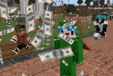 a green minecraft character is standing in front of a bunch of money falling from the sky