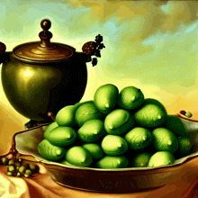 a painting of a bowl of green grapes next to a green pot with a lid