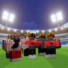 a group of roblox characters are standing in a stadium wearing red and black shirts with the word sports on them