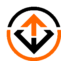 an orange and black logo with an arrow pointing upwards