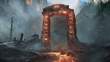 a stone archway in the middle of a valley with mountains in the background and lava coming out of it