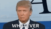 donald trump is wearing a suit and tie and making a funny face while saying whatever .