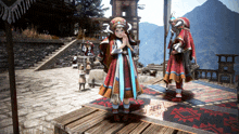 a girl in a red and blue dress is standing on a wooden table