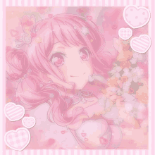 a girl with pink hair and hearts around her