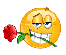 a cartoon smiley face is holding a red rose in its mouth