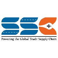 a logo for ssc powering the global trade supply chain with an airplane