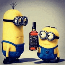 two minions are standing next to each other and one is holding a bottle of jack daniels .